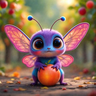 The primary subject of the image is a small, colorful butterfly with purple wings and blue eyes. It is sitting on a leaf and holding an orange in its hands. The setting is a forest with trees in the background. The visual style is a digital art or illustration, creating a whimsical and playful atmosphere. The dominant colors are purple, blue, and orange, which contribute to the overall mood of the image.